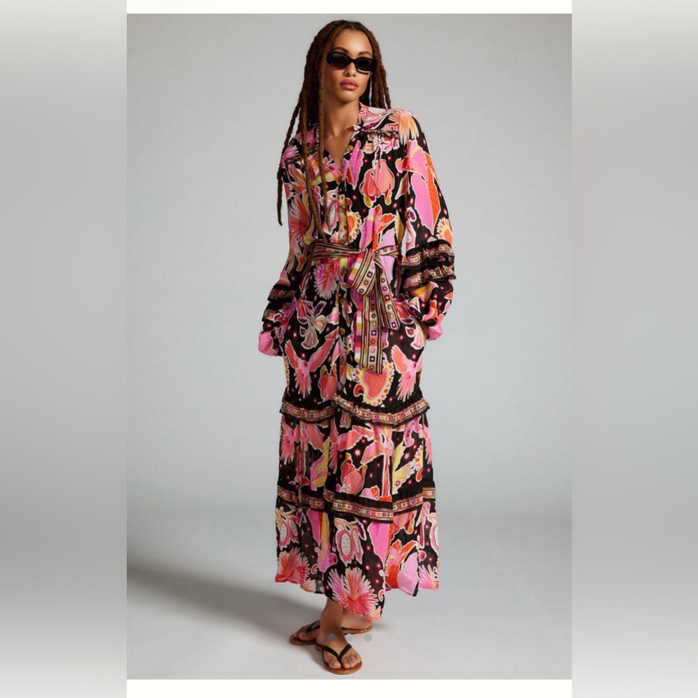 NWT Farm Rio Enchanted Nature Tiered Floral Maxi Dress in Black and Black